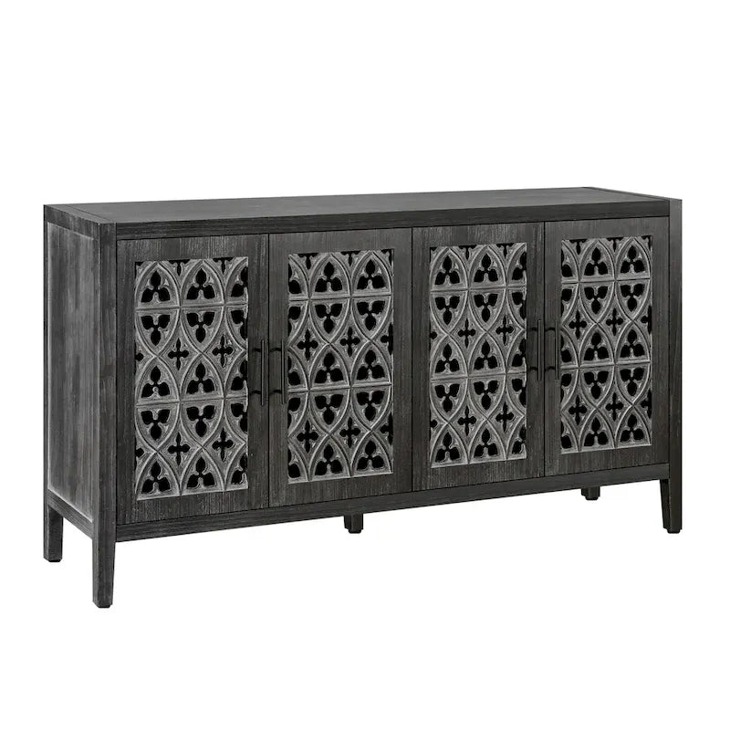 Bahut de cuisine ancien sculpté ajouré à quatre portes avec étagère réglable, noir et marron antique