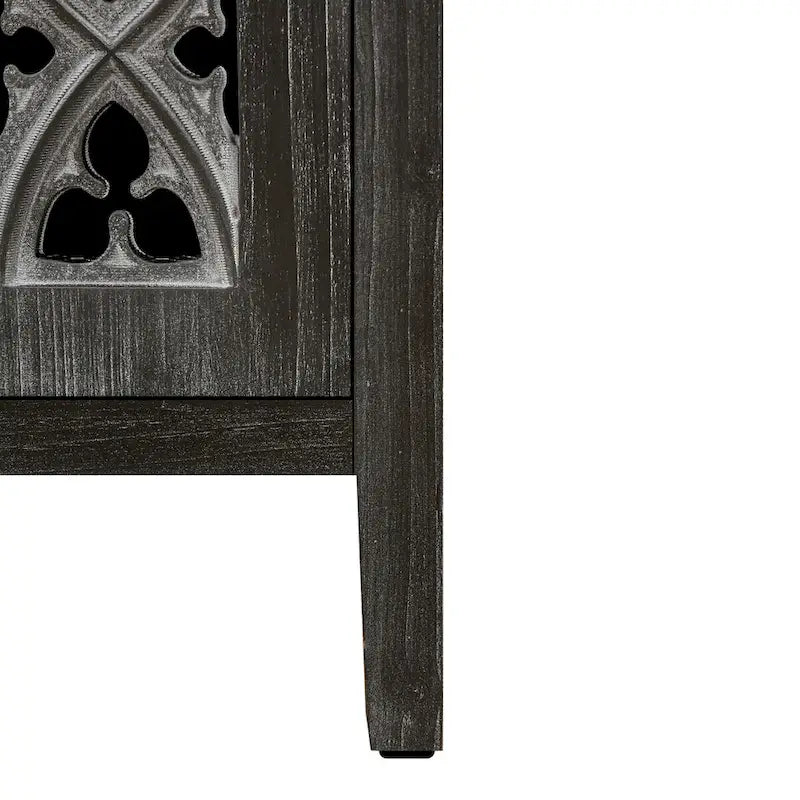 Bahut de cuisine ancien sculpté ajouré à quatre portes avec étagère réglable, noir et marron antique