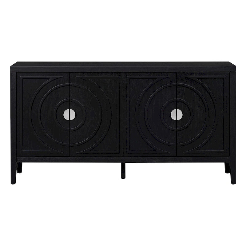 Bahut rétro noir 4 portes avec panneau à rainures circulaires et poignées rondes
