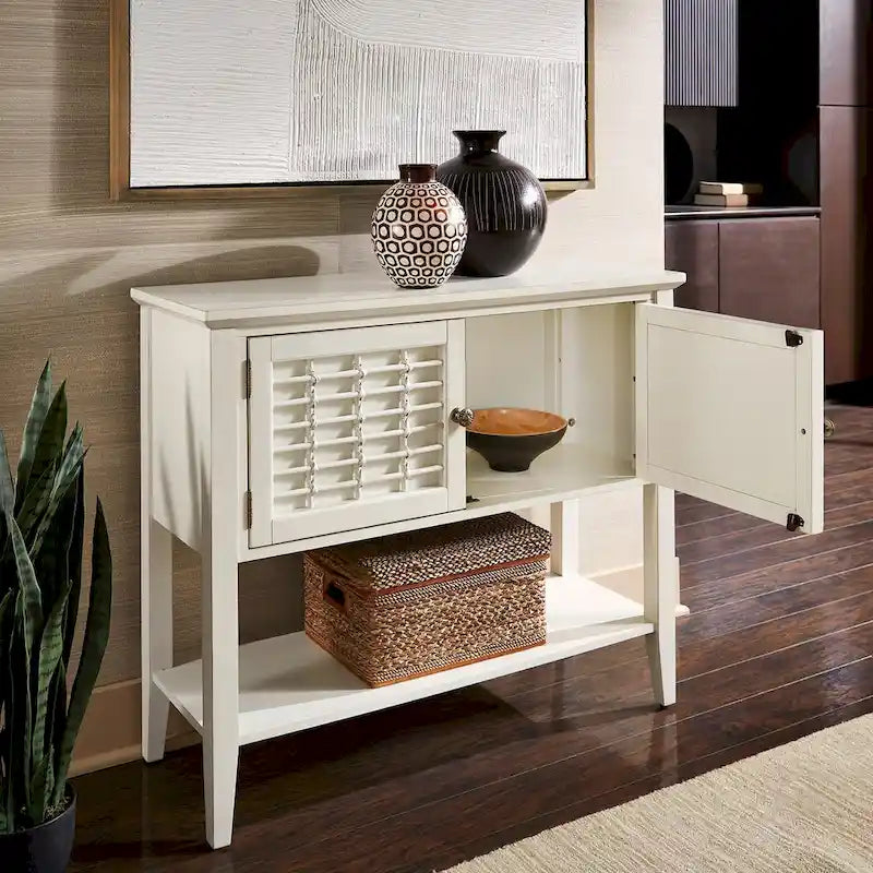 Table console blanche à 2 portes avec portes en cannage de rotin et rangement dissimulé