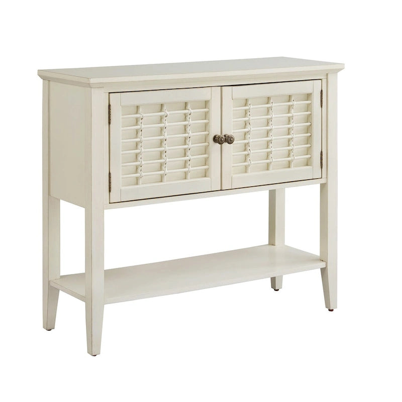 Table console blanche à 2 portes avec portes en cannage de rotin et rangement dissimulé