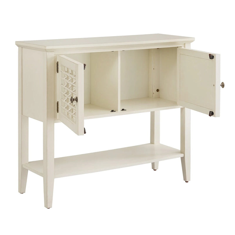 Table console blanche à 2 portes avec portes en cannage de rotin et rangement dissimulé