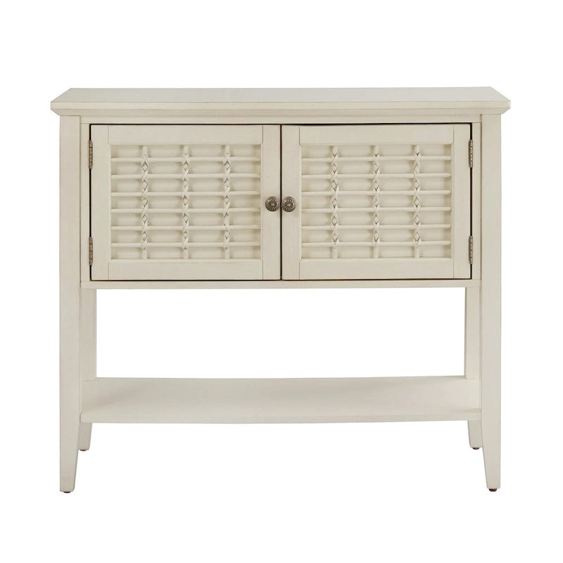 Table console blanche à 2 portes avec portes en cannage de rotin et rangement dissimulé