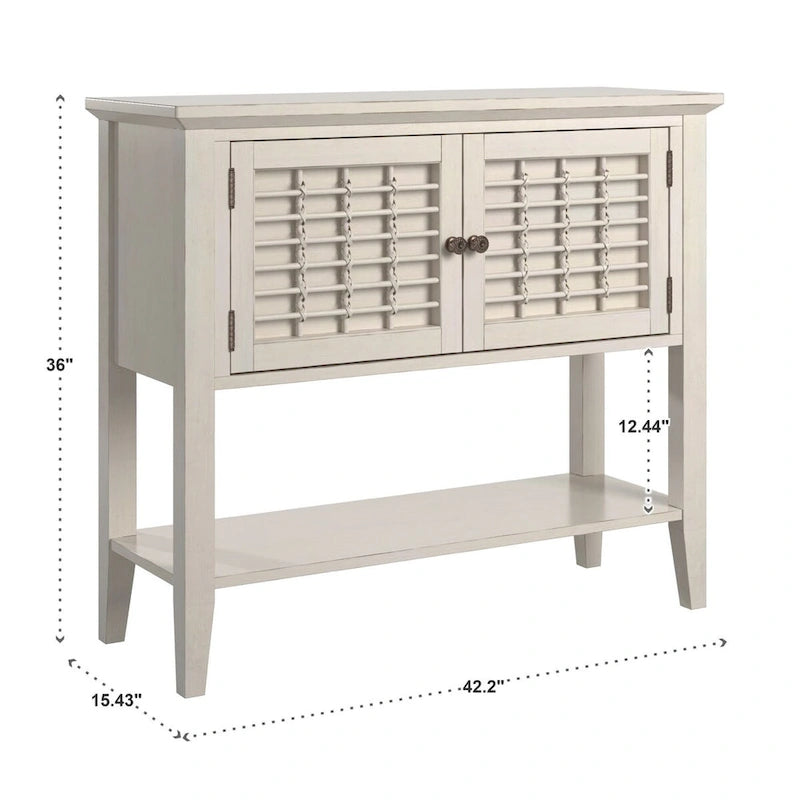 Table console blanche à 2 portes avec portes en cannage de rotin et rangement dissimulé