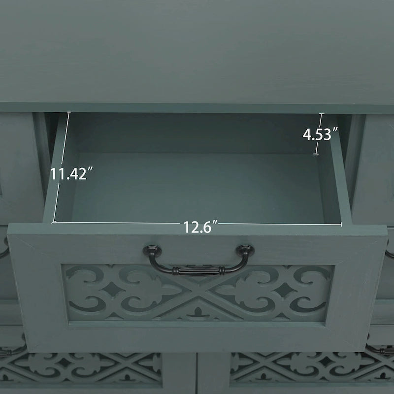 Commode 7 tiroirs en bois sculpté vert foncé avec poignées en métal et pieds en bois massif