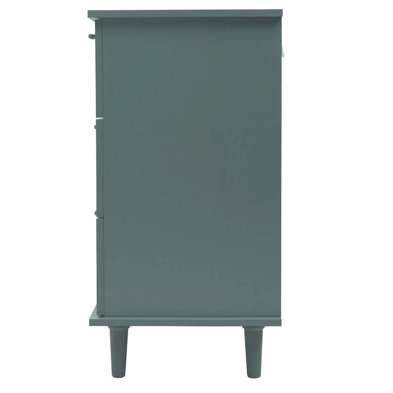 Commode 7 tiroirs en bois sculpté vert foncé avec poignées en métal et pieds en bois massif