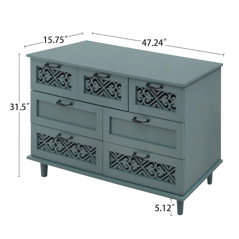 Commode 7 tiroirs en bois sculpté vert foncé avec poignées en métal et pieds en bois massif