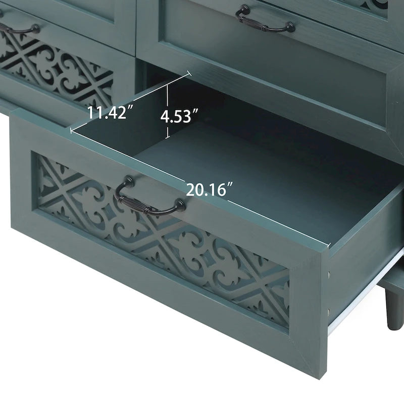 Commode 7 tiroirs en bois sculpté vert foncé avec poignées en métal et pieds en bois massif
