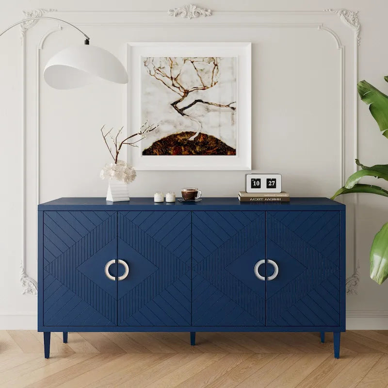 Bahut moderne à 4 portes avec panneaux géométriques, gris-bleu