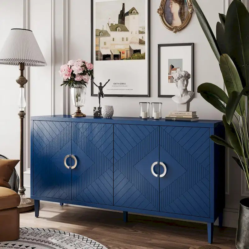 Bahut moderne à 4 portes avec panneaux géométriques, gris-bleu