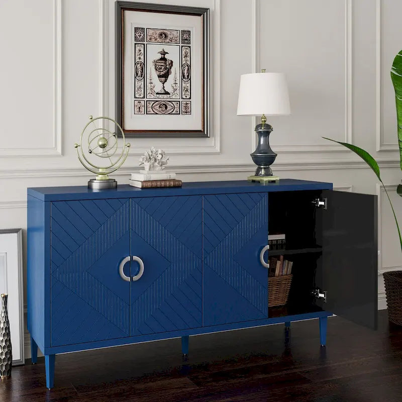 Bahut moderne à 4 portes avec panneaux géométriques, gris-bleu