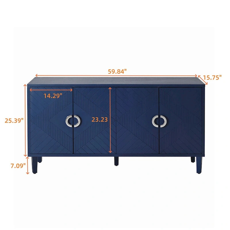 Bahut moderne à 4 portes avec panneaux géométriques, gris-bleu
