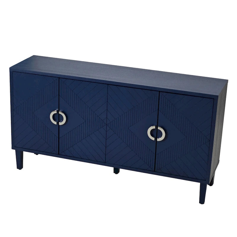 Bahut moderne à 4 portes avec panneaux géométriques, gris-bleu