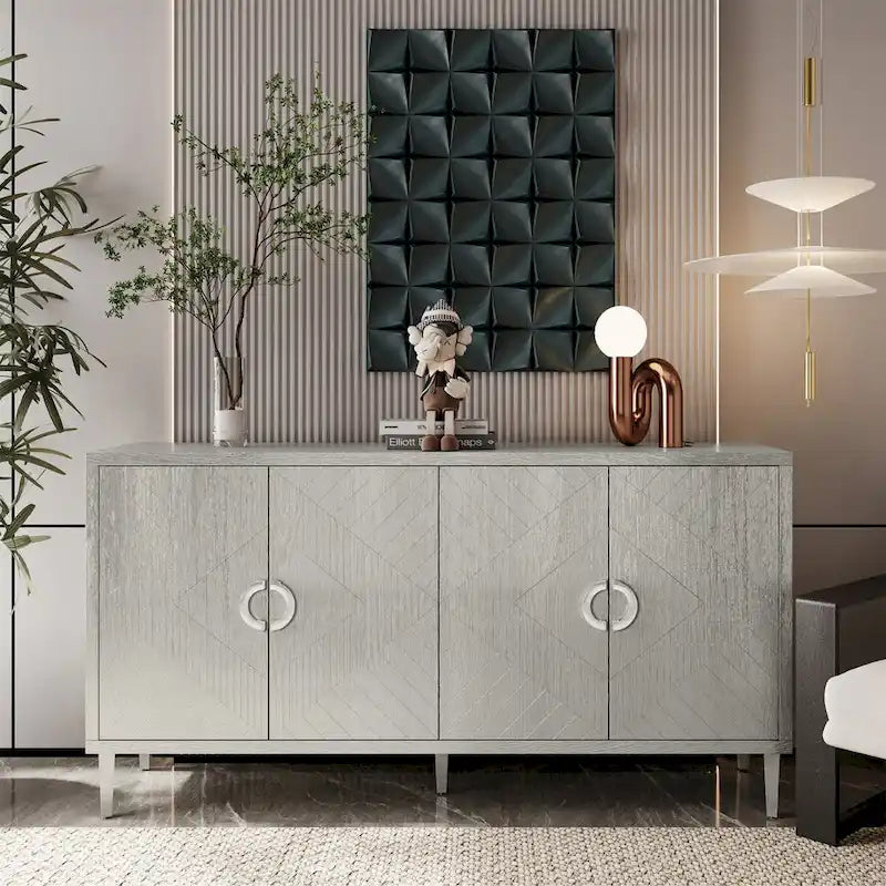 Bahut moderne à 4 portes avec panneaux géométriques, gris-bleu