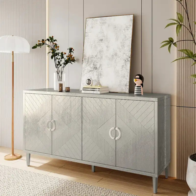 Bahut moderne à 4 portes avec panneaux géométriques, gris-bleu