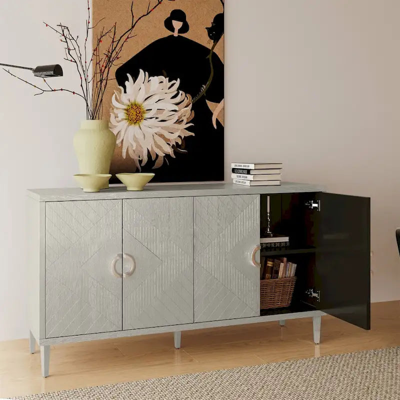 Bahut moderne à 4 portes avec panneaux géométriques, gris-bleu