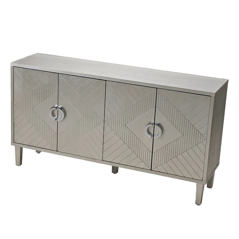 Bahut moderne à 4 portes avec panneaux géométriques, gris-bleu