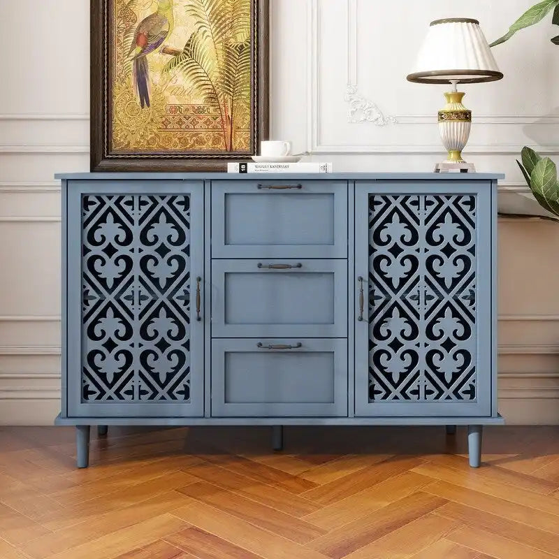 Buffet 2 portes 3 tiroirs en bois sculpté avec poignées en métal, bleu et vert foncé