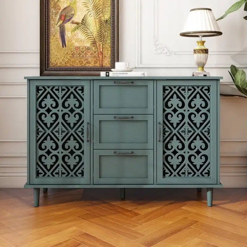 Buffet 2 portes 3 tiroirs en bois sculpté avec poignées en métal, bleu et vert foncé