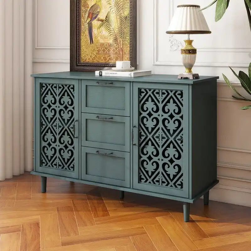 Buffet 2 portes 3 tiroirs en bois sculpté avec poignées en métal, bleu et vert foncé