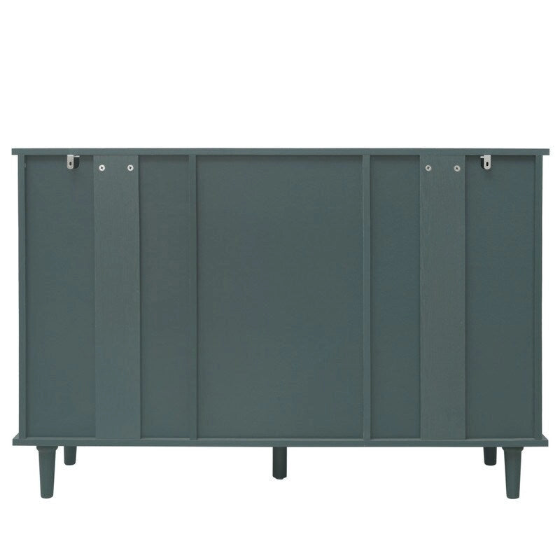 Buffet 2 portes 3 tiroirs en bois sculpté avec poignées en métal, bleu et vert foncé