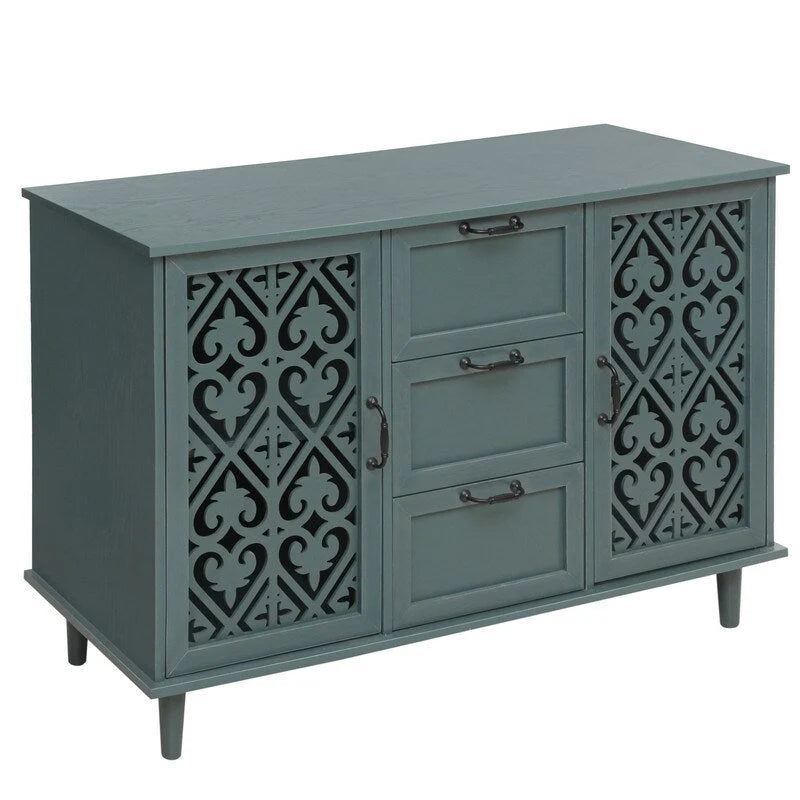 Buffet 2 portes 3 tiroirs en bois sculpté avec poignées en métal, bleu et vert foncé