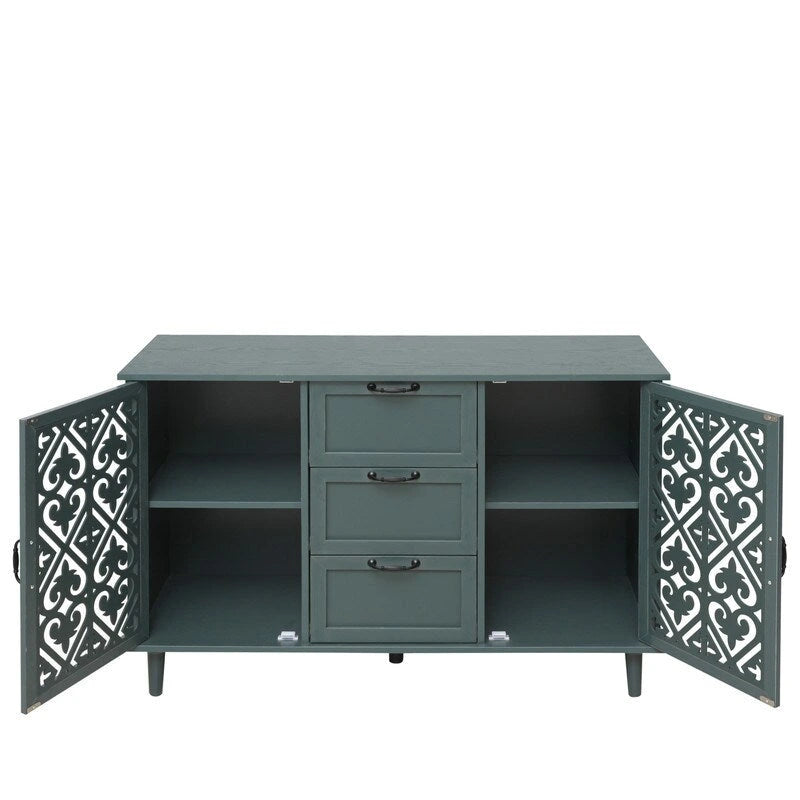 Buffet 2 portes 3 tiroirs en bois sculpté avec poignées en métal, bleu et vert foncé