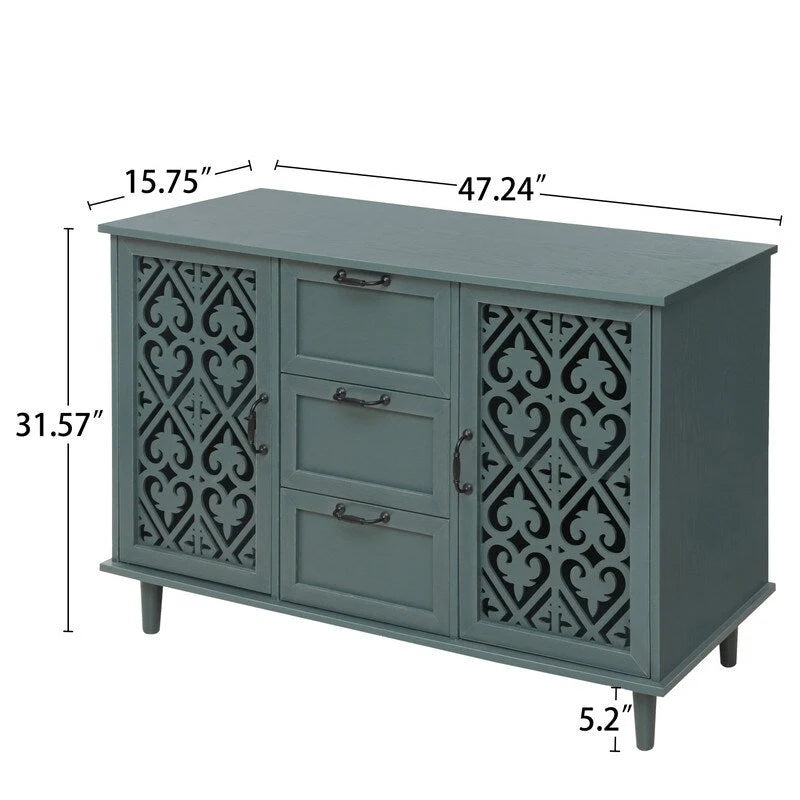 Buffet 2 portes 3 tiroirs en bois sculpté avec poignées en métal, bleu et vert foncé
