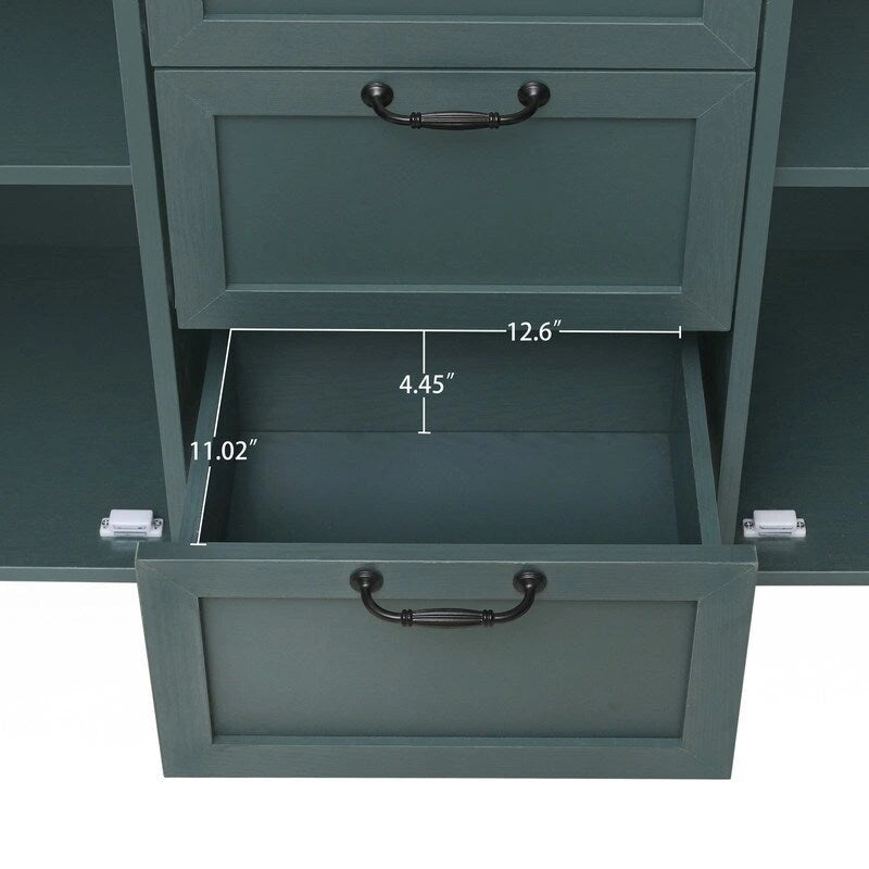 Buffet 2 portes 3 tiroirs en bois sculpté avec poignées en métal, bleu et vert foncé