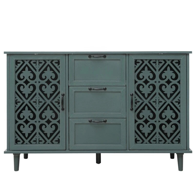 Buffet 2 portes 3 tiroirs en bois sculpté avec poignées en métal, bleu et vert foncé