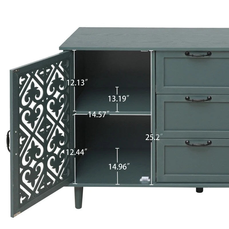 Buffet 2 portes 3 tiroirs en bois sculpté avec poignées en métal, bleu et vert foncé