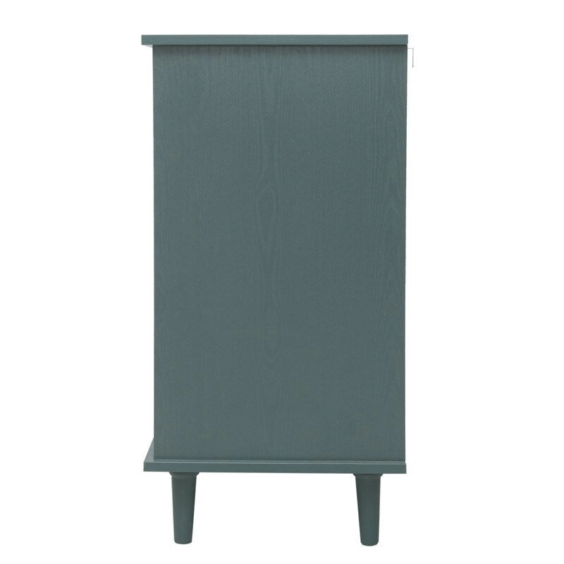 Buffet 2 portes 3 tiroirs en bois sculpté avec poignées en métal, bleu et vert foncé