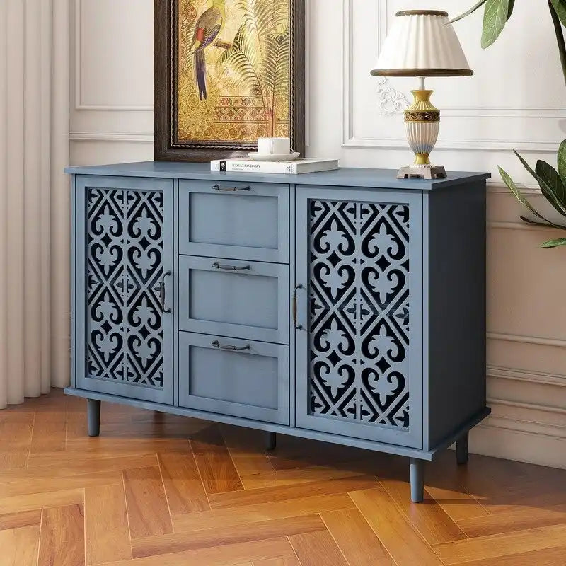 Buffet 2 portes 3 tiroirs en bois sculpté avec poignées en métal, bleu et vert foncé