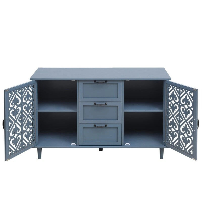 Buffet 2 portes 3 tiroirs en bois sculpté avec poignées en métal, bleu et vert foncé