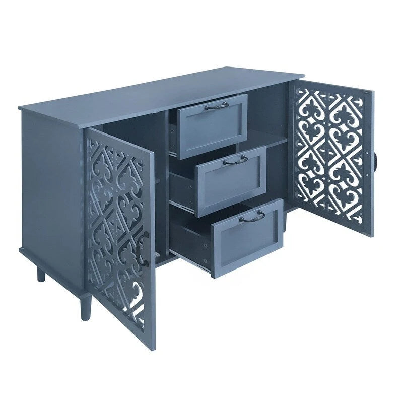 Buffet 2 portes 3 tiroirs en bois sculpté avec poignées en métal, bleu et vert foncé