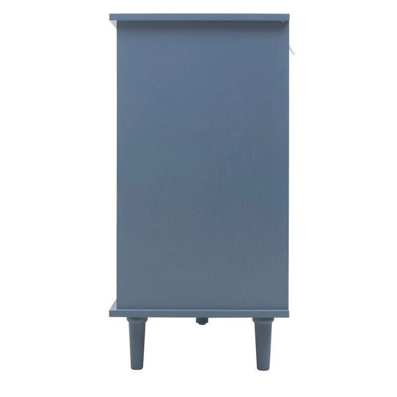Buffet 2 portes 3 tiroirs en bois sculpté avec poignées en métal, bleu et vert foncé
