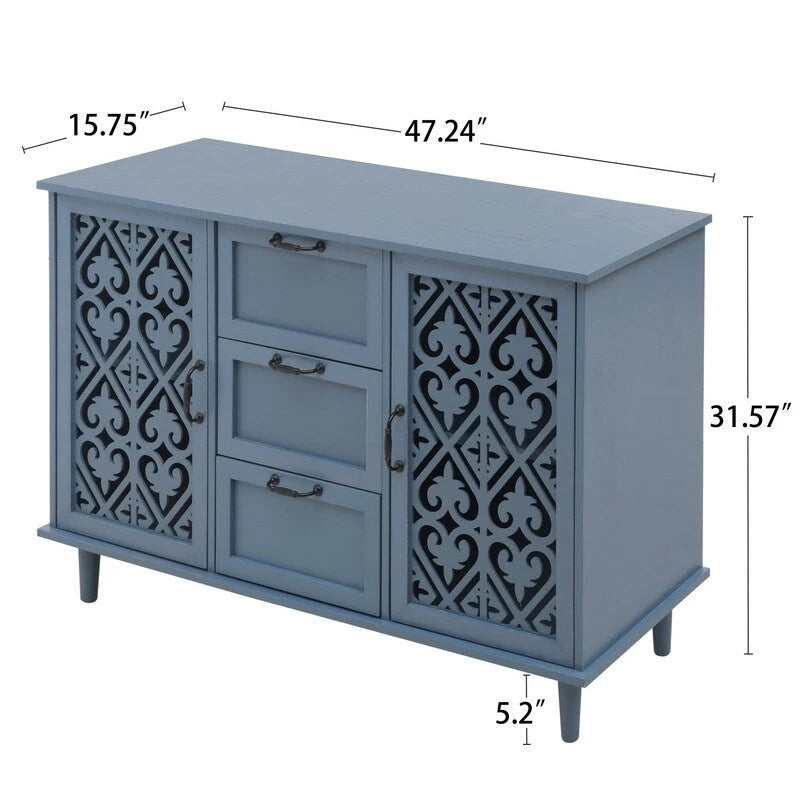 Buffet 2 portes 3 tiroirs en bois sculpté avec poignées en métal, bleu et vert foncé