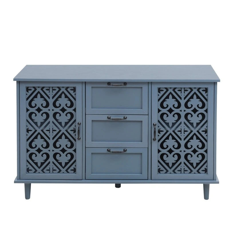 Buffet 2 portes 3 tiroirs en bois sculpté avec poignées en métal, bleu et vert foncé