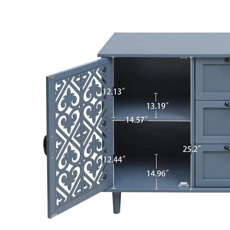 Buffet 2 portes 3 tiroirs en bois sculpté avec poignées en métal, bleu et vert foncé