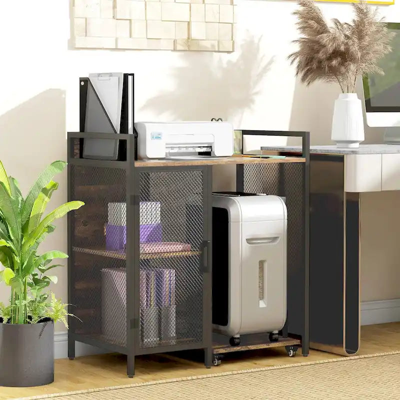 Meuble d'imprimante industriel rustique marron avec ports de charge USB et meuble de rangement roulant pour unité centrale et destructeur de documents