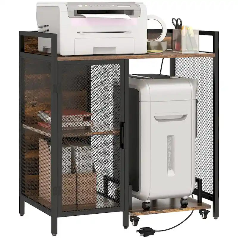 Meuble d'imprimante industriel rustique marron avec ports de charge USB et meuble de rangement roulant pour unité centrale et destructeur de documents