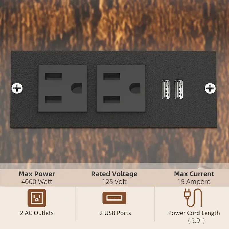 Meuble d'imprimante industriel rustique marron avec ports de charge USB et meuble de rangement roulant pour unité centrale et destructeur de documents