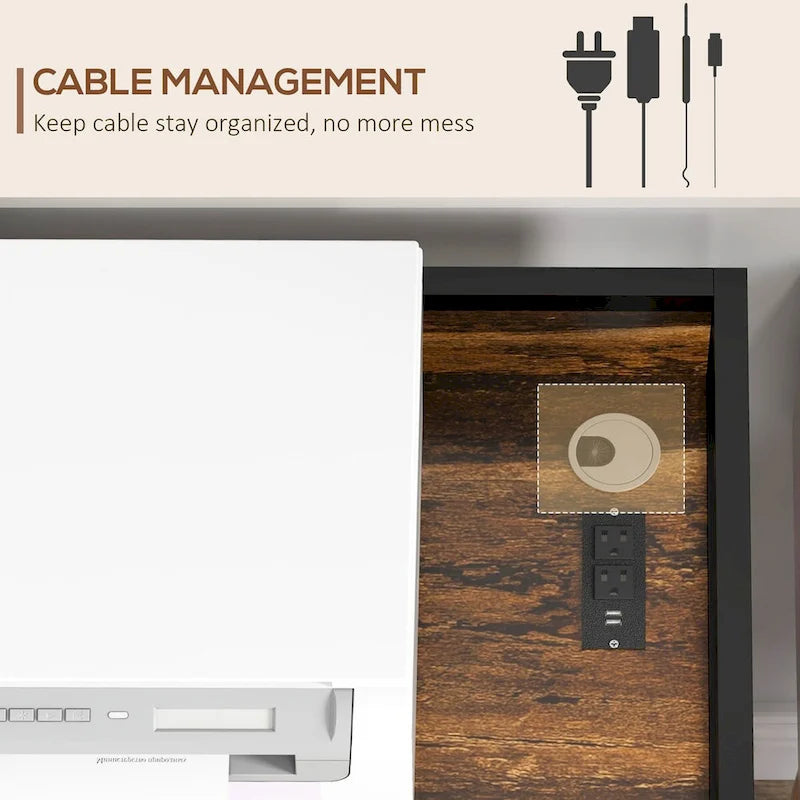 Meuble d'imprimante industriel rustique marron avec ports de charge USB et meuble de rangement roulant pour unité centrale et destructeur de documents
