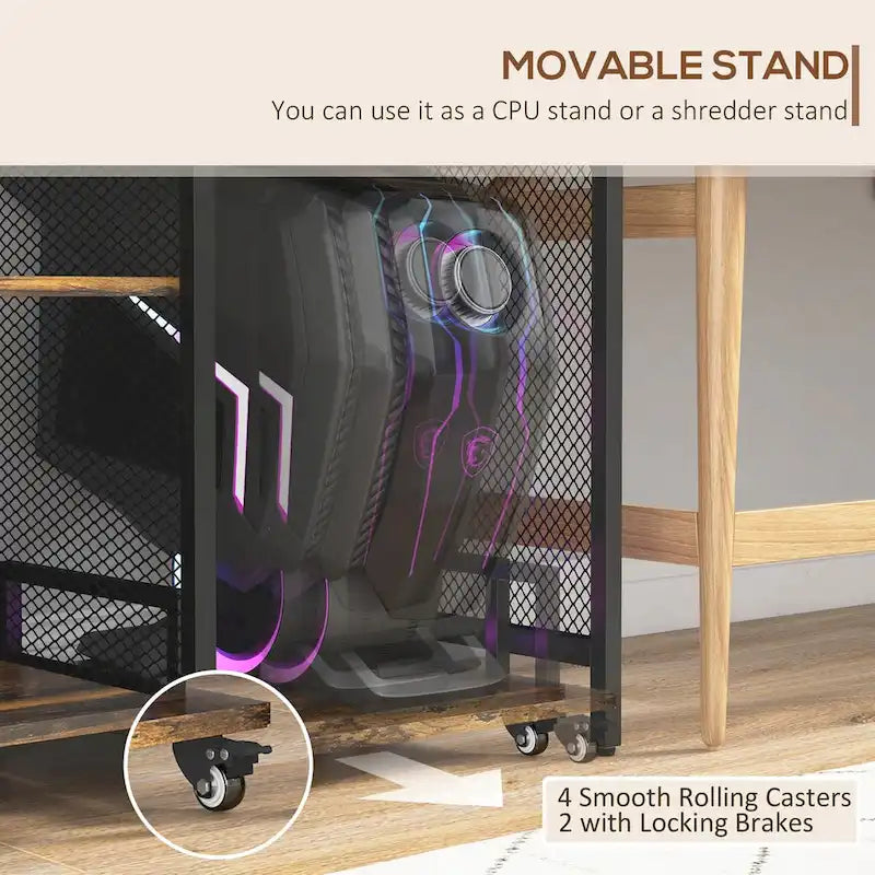 Meuble d'imprimante industriel rustique marron avec ports de charge USB et meuble de rangement roulant pour unité centrale et destructeur de documents