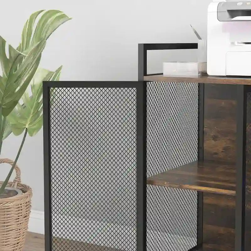 Meuble d'imprimante industriel rustique marron avec ports de charge USB et meuble de rangement roulant pour unité centrale et destructeur de documents