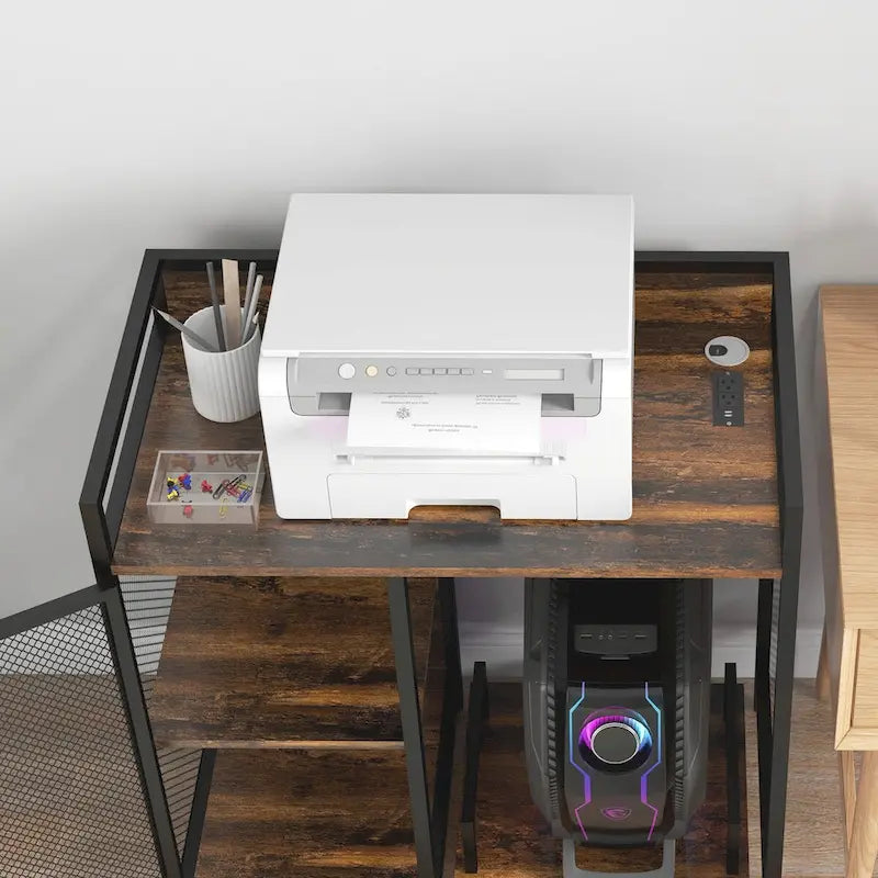 Meuble d'imprimante industriel rustique marron avec ports de charge USB et meuble de rangement roulant pour unité centrale et destructeur de documents