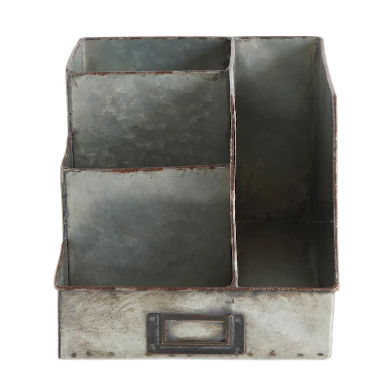 Organisateur de bureau en métal gris vieilli avec rangement rustique à 4 compartiments superposés