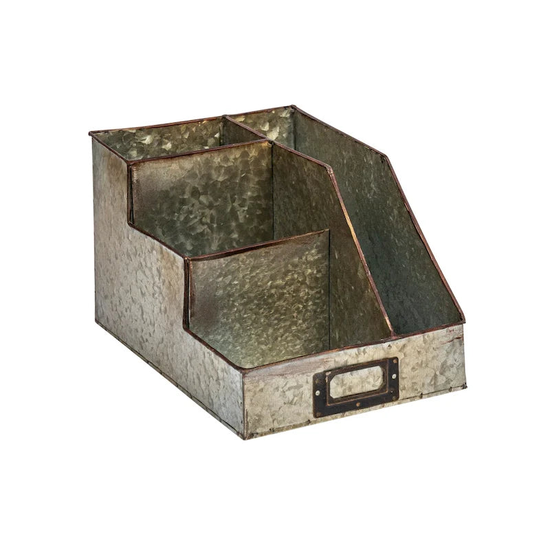 Organisateur de bureau en métal gris vieilli avec rangement rustique à 4 compartiments superposés