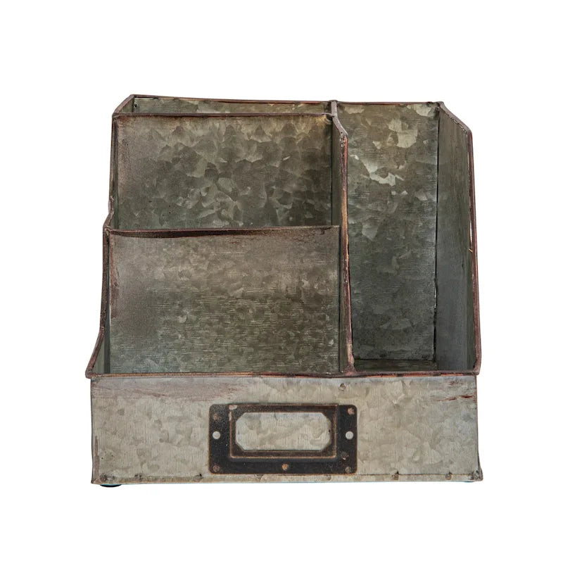 Organisateur de bureau en métal gris vieilli avec rangement rustique à 4 compartiments superposés