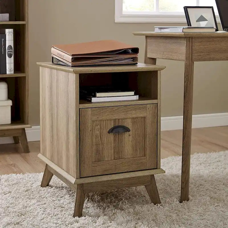Meuble de classement en bois style Mid-Century avec étagère ouverte et tiroir à extension complète, Chêne fumé